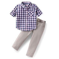 Babyhug Cotton Woven Full Sleeves Checkered Shirt and Trouser Set - Grey & Blue