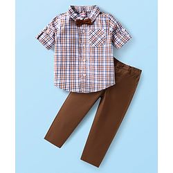 Babyhug Cotton Knit Full Sleeves Checkered Shirt & Trouser Set with Bow - Brown