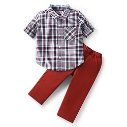 Babyhug Cotton Woven Full Sleeves Checkered Shirt and Trouser Set - Black White & Dark Red