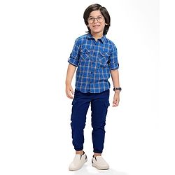 Babyhug Cotton Woven Full Sleeves Chekered Shirt & Joggers Set - Blue