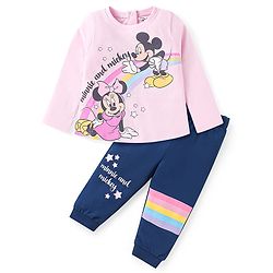 Babyhug Disney Single Jersey Knit Full Sleeves Night Suit With Minnie Mouse Graphics - Navy Blue & Pink