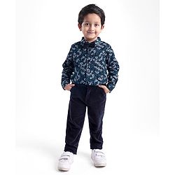 Babyhug Cotton Woven Full Sleeves Floral Printed Party Shirt & Trouser Set with Bow - Navy Blue