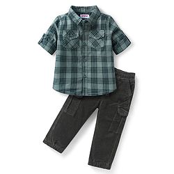 Babyhug Cotton Woven Full Sleeves Checks Shirts & Lounge Pants Set - Dark Green & Black