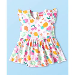 Babyhug 100% Cotton Knit Frill Sleeves Frock Style Onesie with Watermelon Print - White