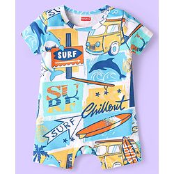 Babyhug Interlock Knit Half Sleeves Romper With Beach Theme Print - White & Light Blue