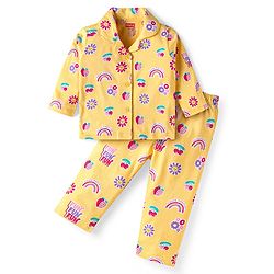 Babyhug Cotton Knit Full Sleeves Co-ords Night Suit with Tropical Theme Print - Yellow