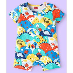 Babyhug 100% Cotton Knit Half Sleeves Dino Printed Romper - White Red & Green