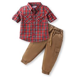 Babyhug Cotton Woven Full Sleeves Checks Shirt & Lounge Pant Set - Red & Tan