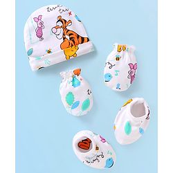 Babyhug Disney Interlock Knit Cap Mittens & Booties Set with Winnie & Friends Graphics - White