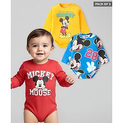 Babyhug Disney Interlock Knit Full Sleeves Onesies With Mickey Mouse Graphics Pack of 3 - Yellow Blue & Maroon