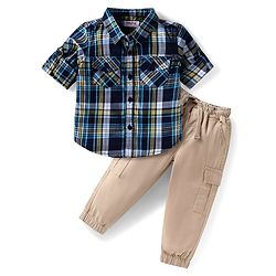 Babyhug Cotton Woven Full Sleeves Checkered Shirt & Joggers Set - Blue & Beige