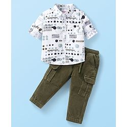 Babyhug Cotton Woven Full Sleeves Printed Shirt & Corduroy Joggers Set - White & Green