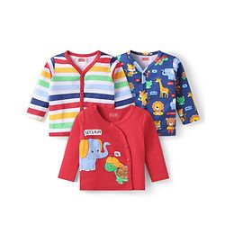 Babyhug 100% Cotton Knit Full Sleeves Front Open Vests with Animal Print Pack of 3 - Red Blue & White