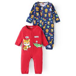 Babyhug Interlock Knit Full Sleeves Rompers With Animal Print Pack of 2 - Red & Navy Blue