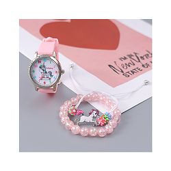 Babyhug Analog Watch Unicorn Print With Beaded Bracelet Set - Pink