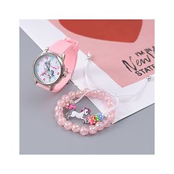 Babyhug Analog Watch Unicorn Print With Beaded Bracelet Set - Pink