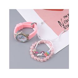 Babyhug Analog Watch Unicorn Print With Beaded Bracelet Set - Pink