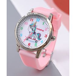 Babyhug Analog Watch Unicorn Print With Beaded Bracelet Set - Pink
