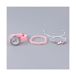 Babyhug Analog Watch Unicorn Print With Beaded Bracelet Set - Pink