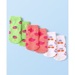 Cute Walk by Babyhug Knit Ankle Length Antibacterial Socks with Fruits Design Pack of 3 - Light Green Coral & White