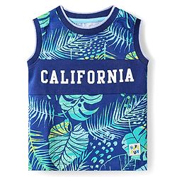 Babyhug Cotton Knit Sleeveless Tank T-Shirt With Tropical & California Text Print - Navy Blue