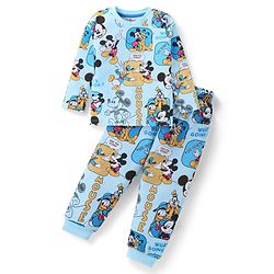 Babyhug Disney Single Jersey Knit Full Sleeves Night Suit with Mickey Mouse & Friends Graphics - Light Blue