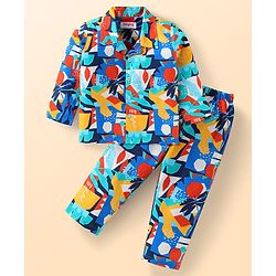 Babyhug Cotton Woven Full Sleeves Night Suit With Abstract Print - Blue & Red