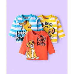 Babyhug Disney Single Jersey Knit Full Sleeves T-Shirts with Simba Graphics & Stripes Pack of 3 - Dark Orange & White