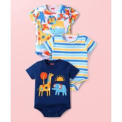 Babyhug 100% Cotton Knit Half Sleeves Onesies With Animal Print Pack of 3 - Navy Blue & White