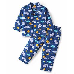 Babyhug Cotton Woven Full Sleeves Front Open Night Suit with Elephant Print - Navy Blue