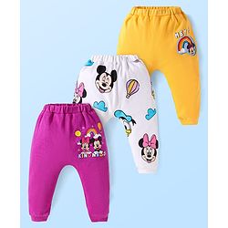 Babyhug Disney Interlock Knit Full Length Diaper Leggings with Minnie & Friends Graphics Pack of 3 - Dark Pink White Yellow