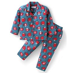 Babyhug Cotton Woven Full Sleeves Night Suit With Hot Chocolate Print - Teal Blue