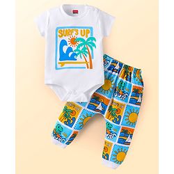 Babyhug 100% Cotton Knit Half Sleeves Onesie with Leggings with Beach Theme - White & Blue