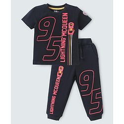 Babyhug Disney Terry Knit Half Sleeve T-Shirt & Lounge Pants Set With MC Queen Graphics - Black