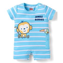 Babyhug 100% Cotton Knit Half Sleeves Romper with Stripes Monkey Print - Light Blue