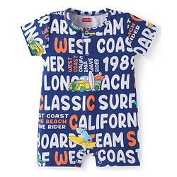 Babyhug Interlock Knit Half Sleeves Romper With Text Print - Navy Blue