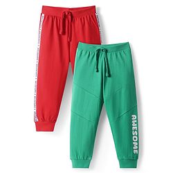 Babyhug Single Jersey Knit Cut & Sew Lounge Pants With Awesome & Superstar Text Print Pack Of 2 - Green & Red