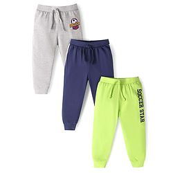 Babyhug Single Jersey Full Length Track Pants with Soccer Star Print Pack of 3 - Navy Blue Grey & Neon Green