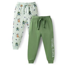 Babyhug Single Jersey Knit Full Length Lounge Pants with Animal & Text Print Pack of 2 - Green & Light Green