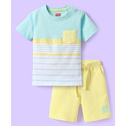 Babyhug Single Jersey Knit Half Sleeves T-Shirt & Shorts Set With Color Block Design - Light Blue & Lemon Yellow