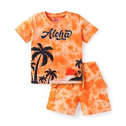Babyhug Single Jersey Knit Half Sleeves T-Shirt & Shorts Set with Beach Theme Print - Orange