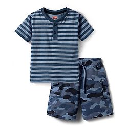 Babyhug Single Jersey Knit Half Sleeves Striped T-Shirt & Shorts Set With Camouflage Print - Navy Blue