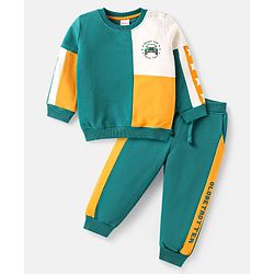 Babyhug Terry Knit Full Sleeves T-Shirt & Lounge Pant Set With Cut & Sew Design & Car Print - Teal Blue White & Yellow
