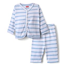 Babyhug Single Jersey Knit Full Sleeves Striped Co-ords Front Open T-Shirt & Lounge Pant Set - White