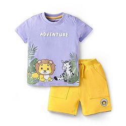Babyhug Single Jersey Knit Half Sleeves T-Shirt & Shorts Set With Animal Print - Lavender & Yellow