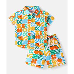 Babyhug Single Jersey Knit Half Sleeves Shirt & Shorts Set With Fruit Print - White