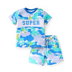Babyhug Single Jersey Knit Half Sleeves T-Shirt & Shorts Set With Camouflage Print - Blue & Grey
