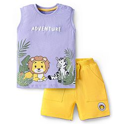 Babyhug Single Jersey Knit Sleeveless T-Shirt & Shorts Set With Animal Print - Purple & Yellow