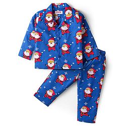 Babyhug Cotton Woven Full Sleeves Front Open Night Suit with Santa Print - Blue