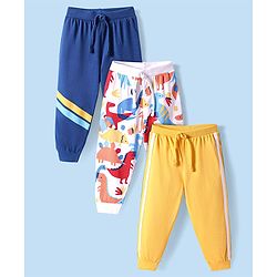 Babyhug Single Jersey Knit Full Length Lounge Pants with Dino Print & Tape Detailing Pack of 3 - Navy & Yellow